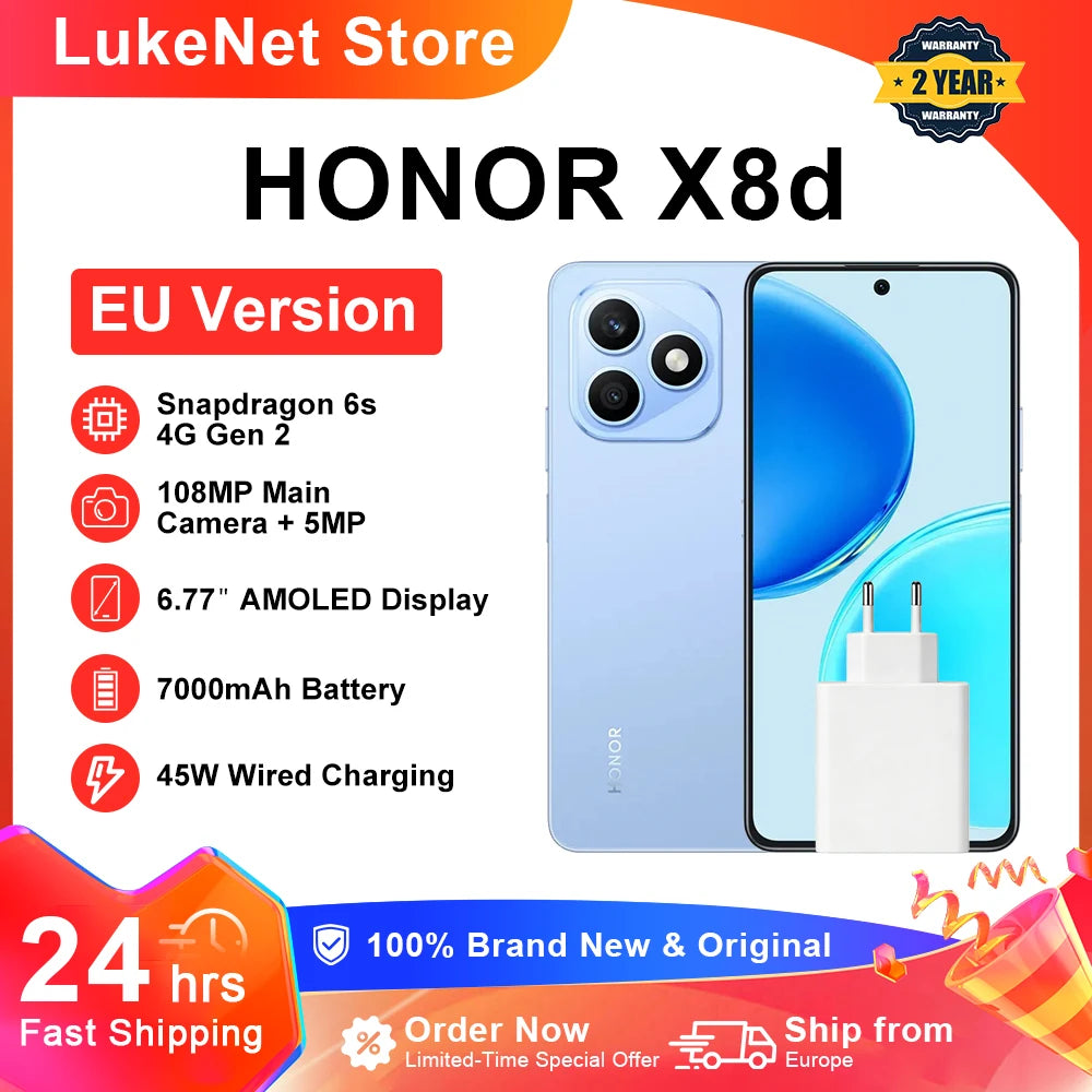 Smartphone HONOR X8d versión UE Snapdragon 6s 4G Gen 2 pantalla AMOLED de 6,77", batería de 7000 mAh, carga superrápida de 45 W, cámara principal de alta definición de 108 MP, IP65