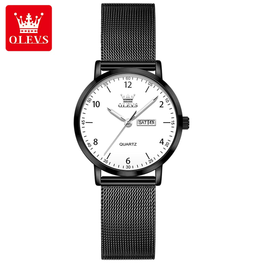 Relojes OLEVS para mujer, correa de acero de malla, reloj de pulsera de cuarzo con esfera digital de moda, fecha, día, impermeable, reloj elegante para dama 2996