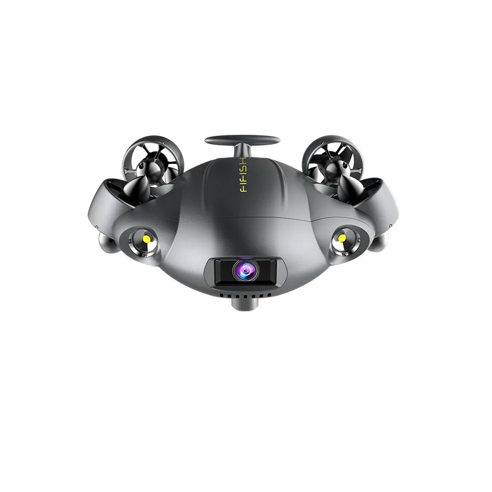 Robot submarino ROV gris con cámara frontal, cuatro hélices y luces amarillas