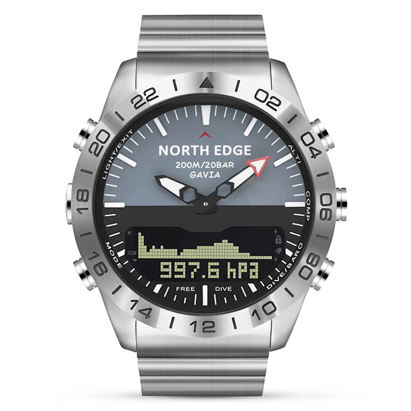 NORTH EDGE Reloj de buceo para hombre, militar, de lujo, de acero, reloj inteligente, brújula, altímetro, barómetro, reloj digital, resistente al agua 200 m