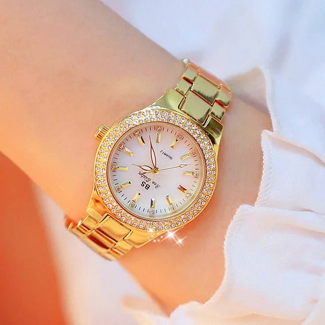 Relojes de pulsera para mujer, reloj de vestir dorado, reloj con diamantes de cristal, relojes de acero inoxidable plateados para mujer, Montre Femme