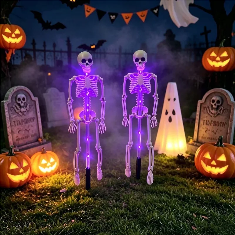 Set de 2 luces solares de Halloween con forma de esqueleto de murciélago en 3D, luces LED moradas y naranjas para jardín, decoración impermeable de terror para fiestas en casa