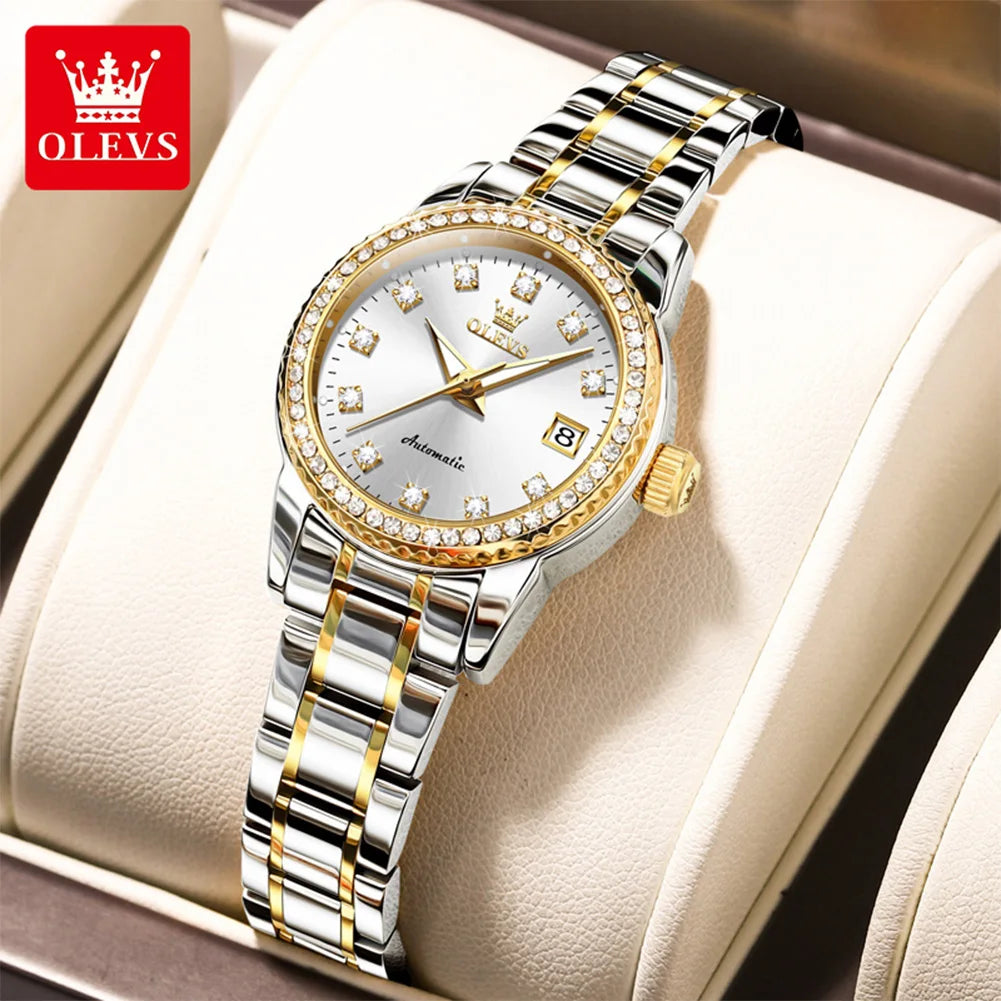 Reloj mecánico para mujer OLEVS 7003, elegante reloj de pulsera con esfera de diamantes de lujo, calendario, resistente al agua y luminoso