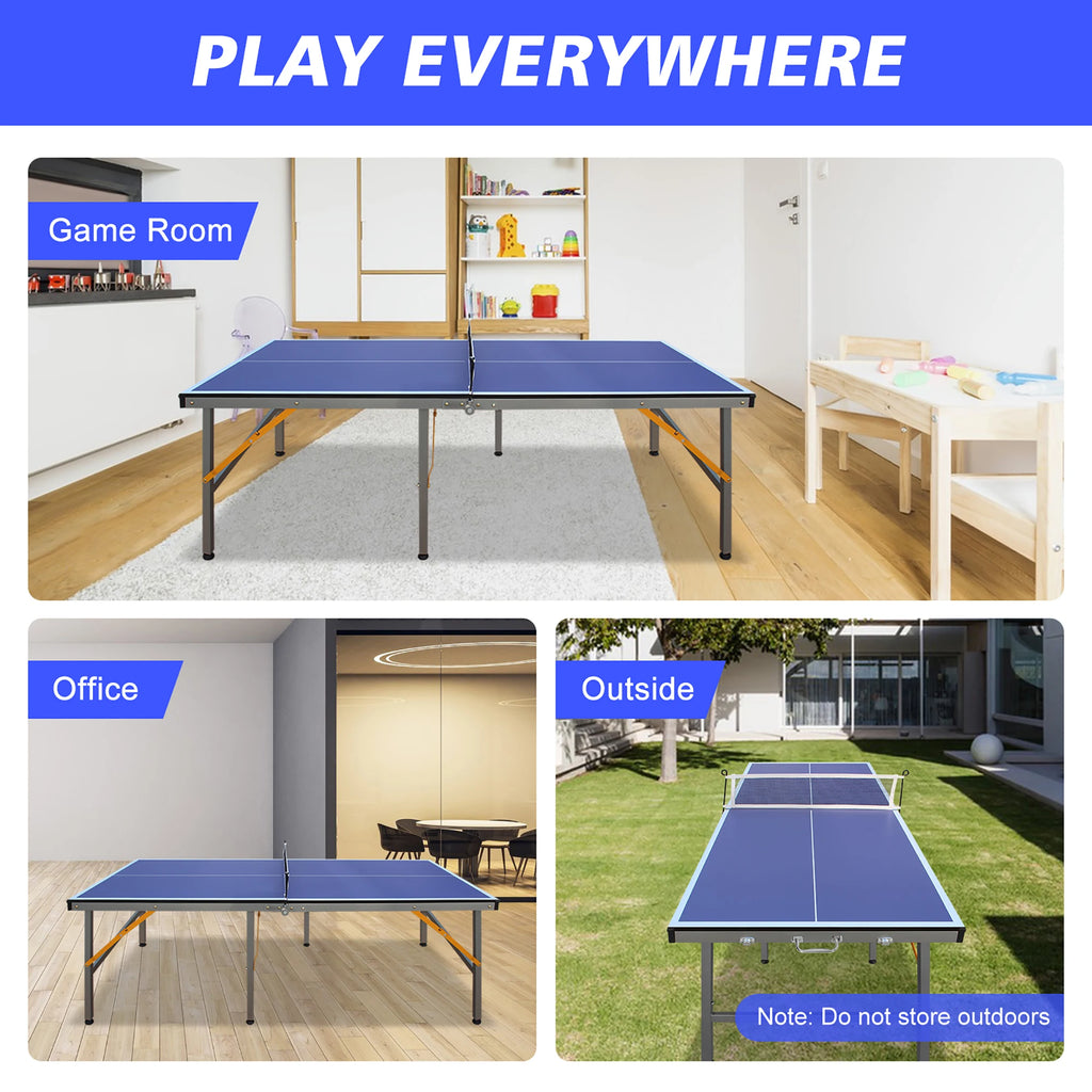 Mesa de ping-pong plegable con red, 2 palas y 3 pelotas - Panel azul de alta densidad, diseño estable de 6 patas, portátil para uso en interiores/exteriores, para niños y adultos