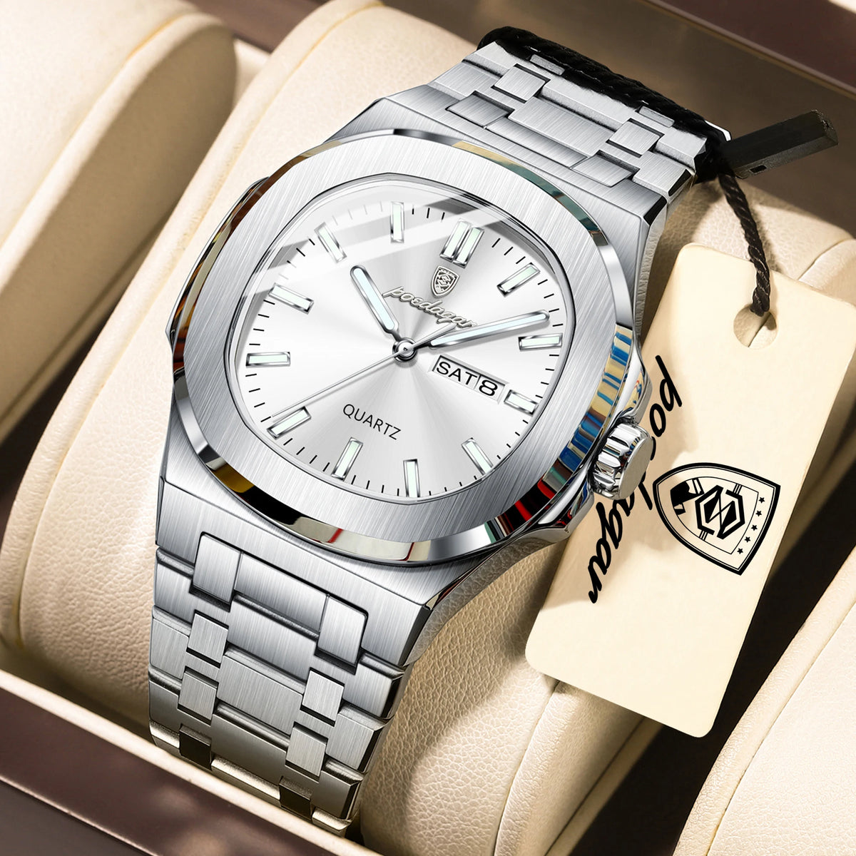 Reloj de pulsera para hombre POEDAGAR, de cuarzo, original, resistente al agua, luminoso, con fecha y día de la semana, de acero inoxidable, estilo ejecutivo