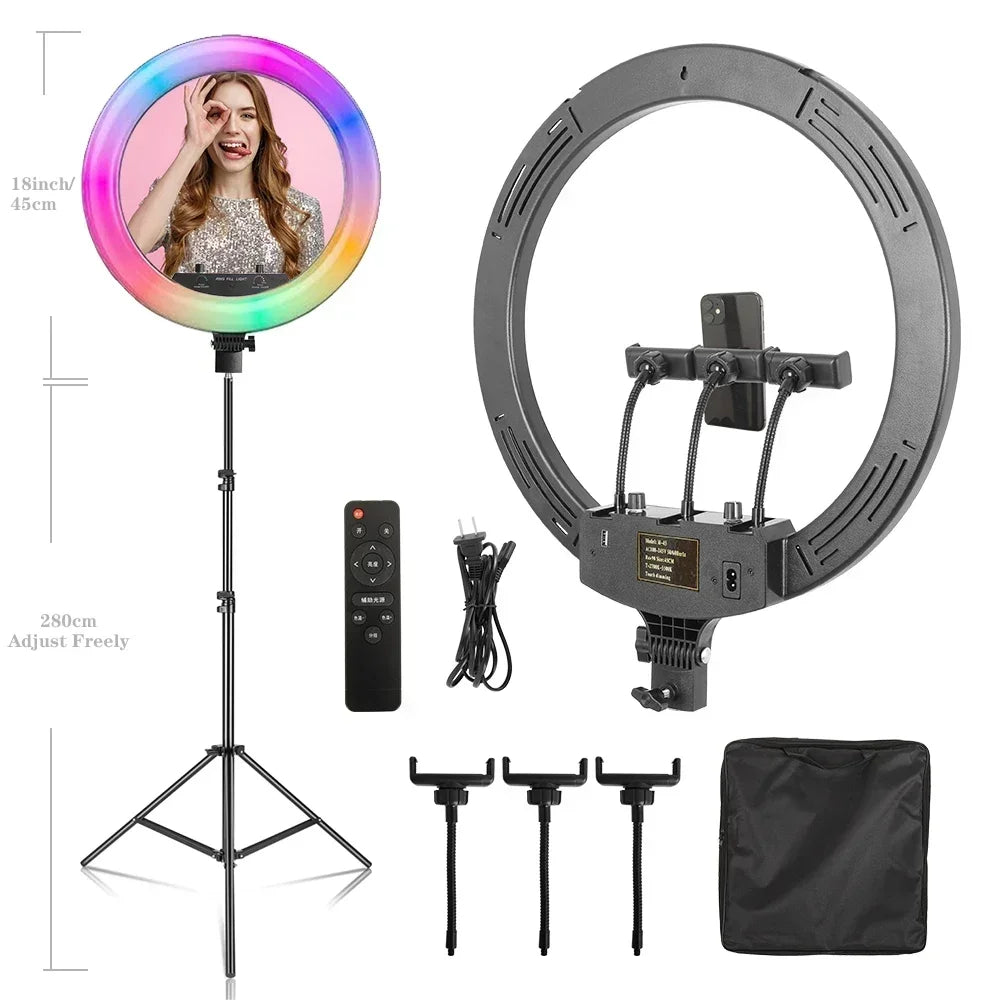Anillo de Luz LED RGB para Selfies con Trípode, 11 Estilos, 18 Pulgadas (45 cm), Recargable por USB, Regulable, para Estudio Fotográfico