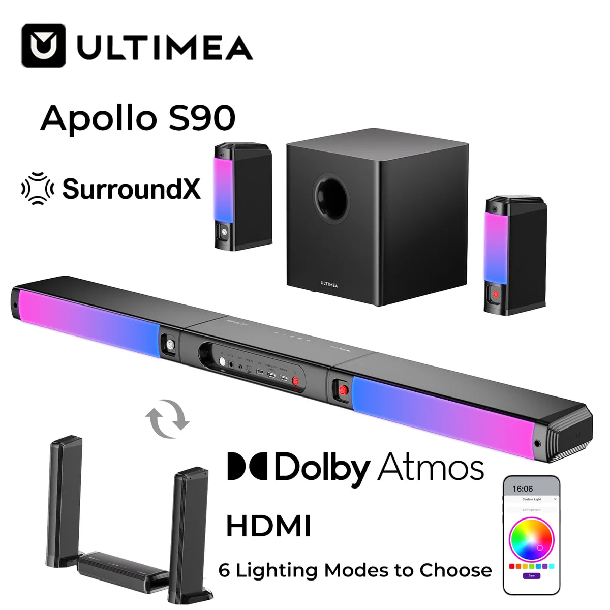 Barra de Sonido Desmontable ULTIMEA 9.1ch Dolby Atmos con Luz RGB, Control por Aplicación, Sistema de Sonido Envolvente para Cine en Casa para TV