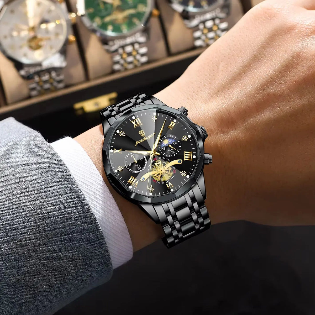 Reloj de pulsera para hombre POEDAGAR, cronógrafo de cuarzo, resistente al agua, luminoso, de acero inoxidable, estilo casual