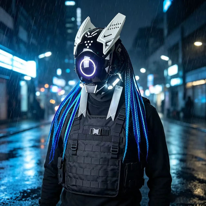 Cyberpunk máscara futurista Techwear, decoración de casco de Cosplay de Halloween con trenza ligera y sucia, Caballero de estilo guerrero japonés Sty