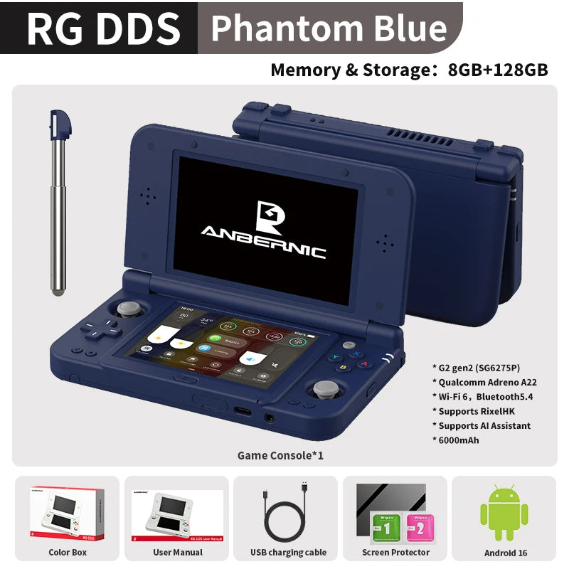 Consola de Juegos Portátil Retro Anbernic RG DDS con Pantalla IPS de 4.7"/4" Doble, Batería de 6000mAh, Android, 16 Juegos, Compatible con Asistente de IA y Streaming
