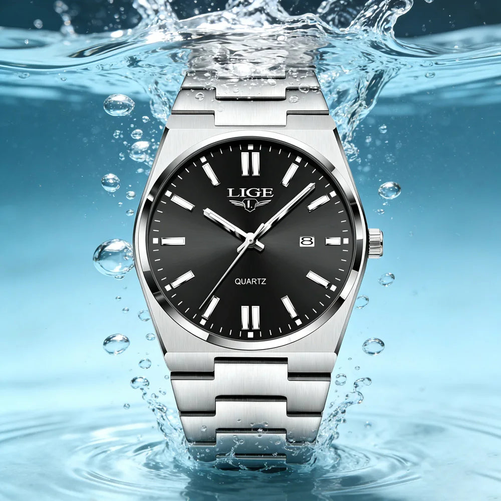Reloj de cuarzo original LIGE para hombre, deportivo, de acero, a la moda, resistente al agua, con fecha y manecillas luminosas + caja