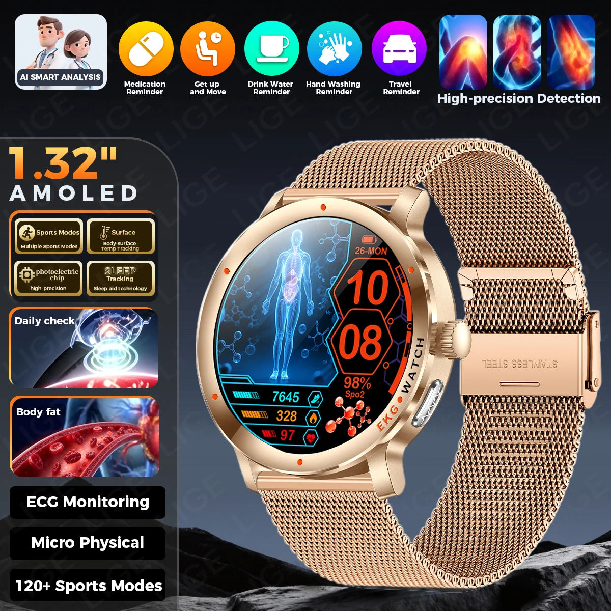 Reloj inteligente LIGE 2026 con diagnóstico por IA, ECG+PPG, ácido úrico preciso, oxígeno en sangre, grasa corporal, deportes, fitness, resistente al agua, reloj inteligente de salud