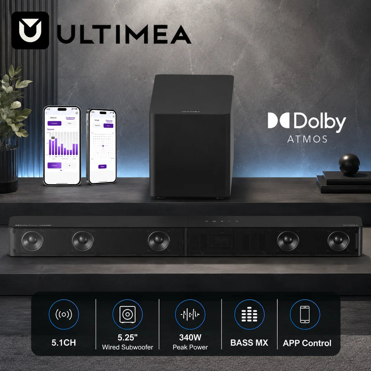 Barra de Sonido ULTIMEA 5.1 Dolby Atmos para Smart TV, Barra de Sonido de 340W con Subwoofer con Cable de 5.25', BassMX y VoiceMX, Compatible con HDMI EARC, Bluetooth ®   5.4, Control por Aplicación