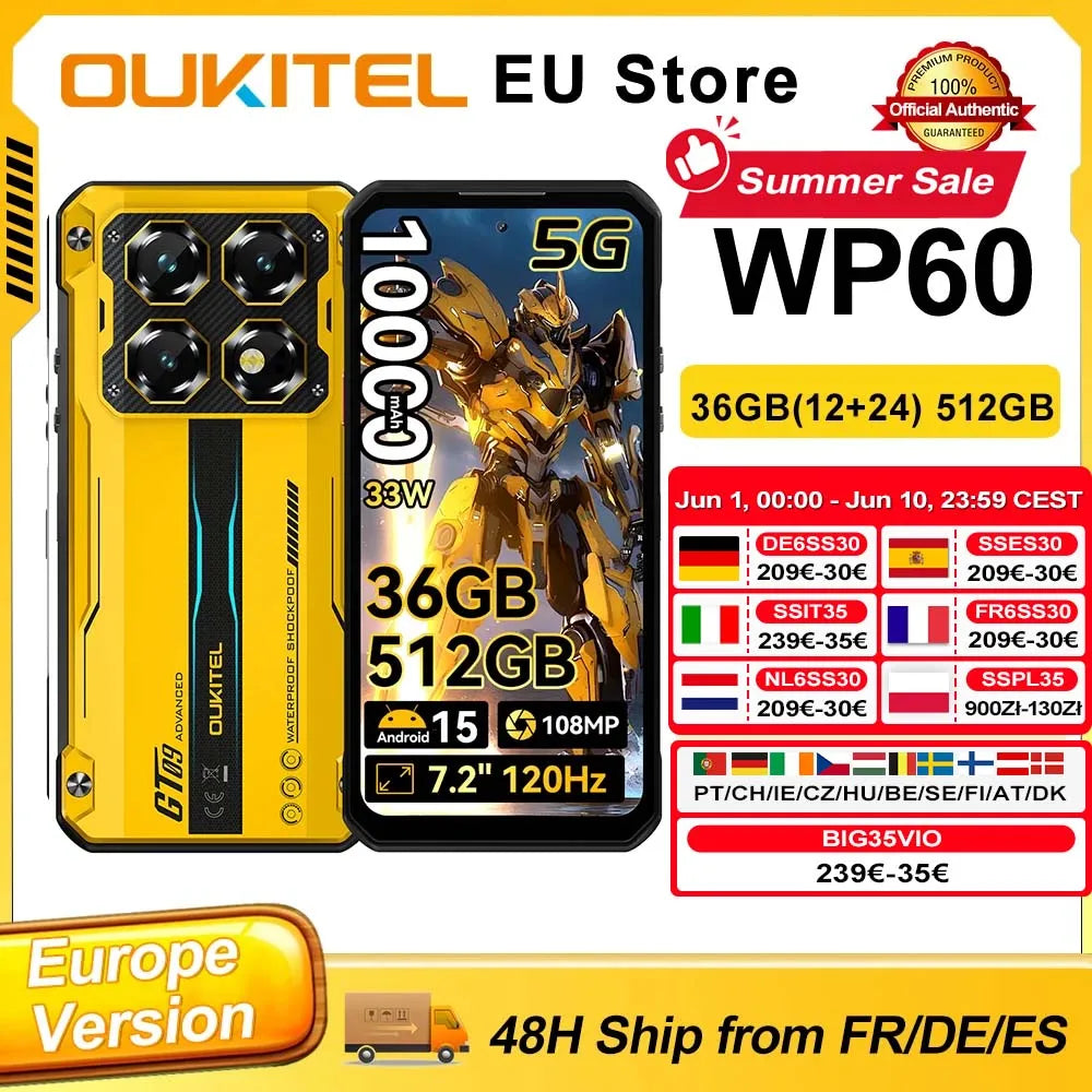 Smartphone OUKITEL WP60 con pantalla HD+ de 7,2" y 120 Hz, 36 GB (12+24 GB) de RAM y 512 GB de ROM, MTK 7025 5G, batería de 10 000 mAh, cámara de 108 MP, Android 15, NFC