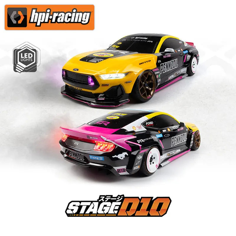 HPI Stage D10 1/10 Coche RC Simulación Mustang BH, Vehículo Eléctrico de Carreras a la Deriva con Control Remoto, Modelo de Colección para Entusiastas