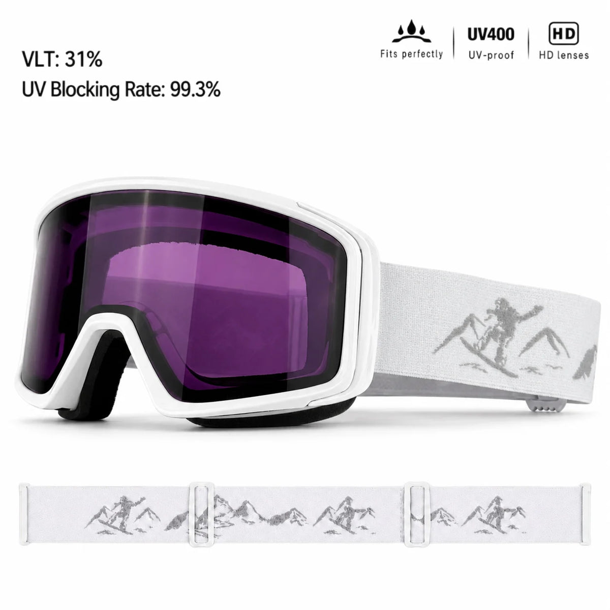 Gafas de esquí, lentes HD antivaho, diseñadas para deportes de esquí al aire libre, ajuste unisex, equipadas con correa ajustable para la cabeza.