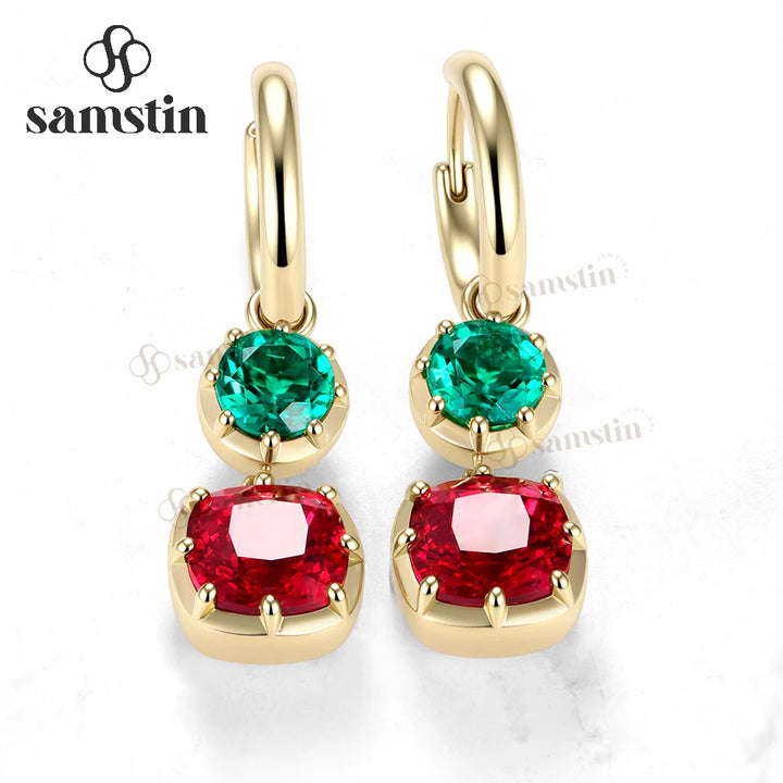Pendientes Personalizados Samstin con Esmeralda y Rubí Cultivados en Laboratorio, 8CTW, para Mujer, Oro Amarillo Sólido de 14K, 10K, 925, para Regalos de Navidad, Joyería para Fiestas