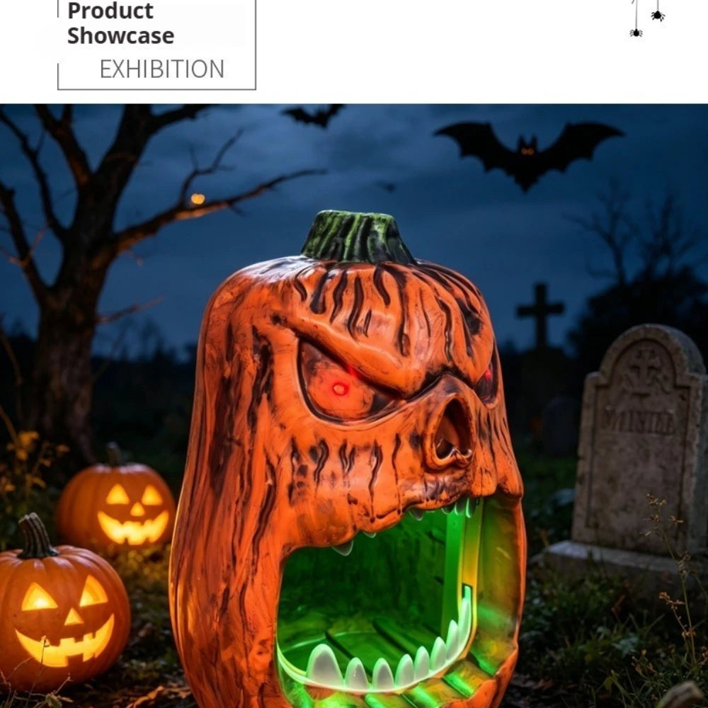 Caja de almacenamiento de dulces de calabaza con cara de calavera de Halloween, adornos de calabaza luminosos activados por voz, decoraciones navideñas, cumpleaños