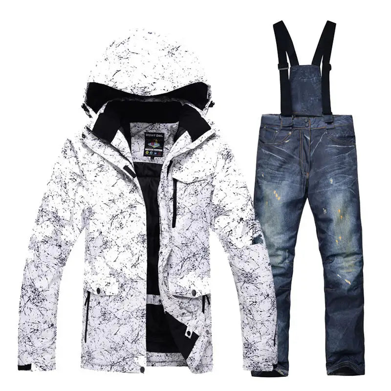 -30 Conjuntos de trajes de nieve blancos para hombres o mujeres Ropa de invierno al aire libre Ropa de snowboard Disfraces impermeables Chaqueta de esquí + Baberos de pantalón de nieve