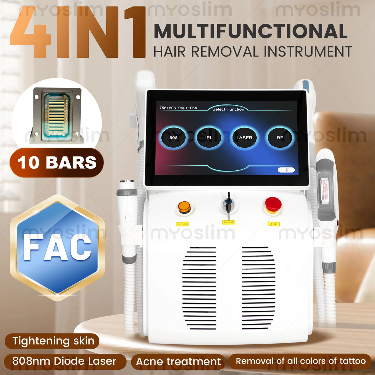 Máquina de Depilación Láser de Diodo RF 4 en 1 Soprano Titanium Ice Platinum 755 808 810 830 940 1064nm ND:YAG, Máquina de Depilación Indolora