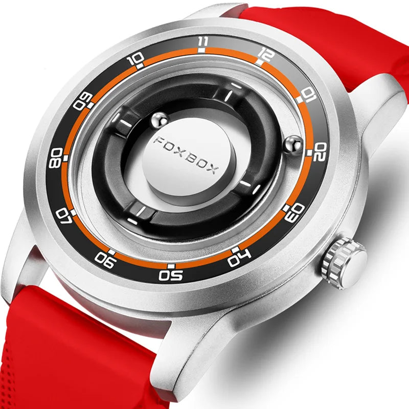 Reloj FOXBOX de moda personalizado con puntero magnético flotante, rodamiento de bolas libre, creativo, sencillo, resistente al agua, reloj de cuarzo para hombre
