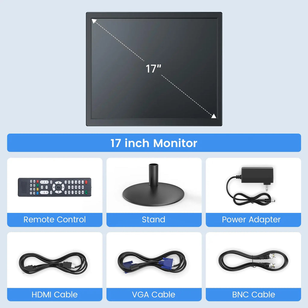 Monitor para cámaras de seguridad Eyoyo de 17 pulgadas, con resolución de 1280 x 1024, puertos AV, HDMI, VGA y BNC; compatible con la reproducción de vídeo en todos los formatos a través de USB y con mando a distancia