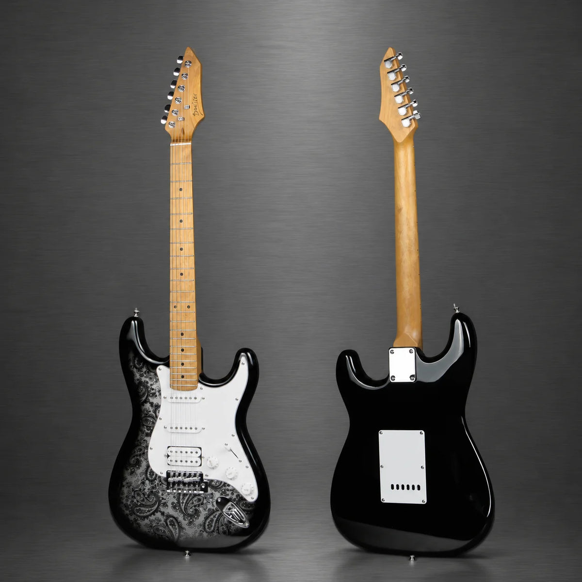 Guitarra eléctrica de estilo ST, 22 trastes, con diseño de estampado paisley, forma clásica ST, ideal para guitarristas de rock y blues.