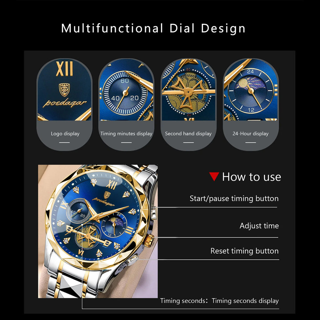 Reloj de pulsera creativo POEDAGAR para hombre, reloj de cuarzo empresarial de acero inoxidable, cronógrafo, resistente al agua, luminoso, a la moda