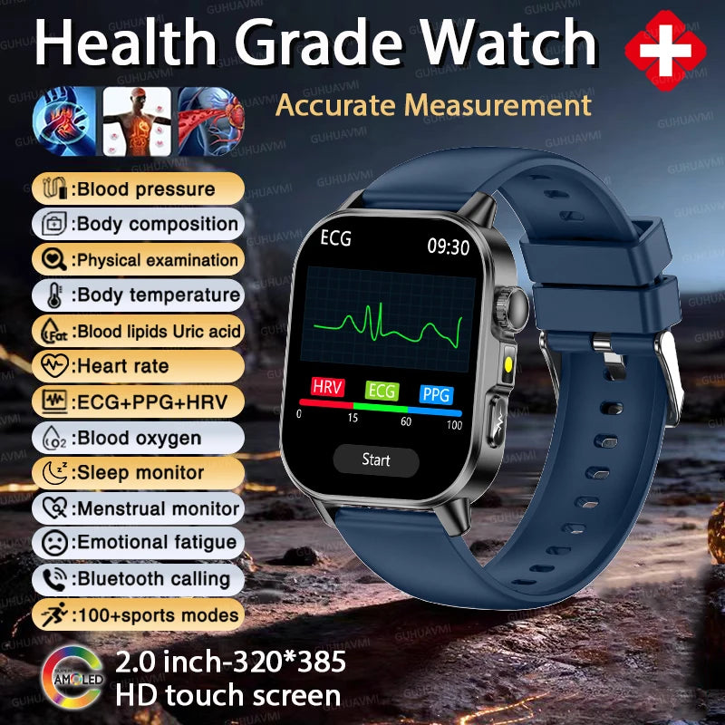 Reloj inteligente de enfermería de alta gama 2026 para hombre, ECG+PPG, presión arterial precisa, lípidos, ácido úrico, pantalla AMOLED de 2.0 pulgadas, reloj de llamadas HD para hombre