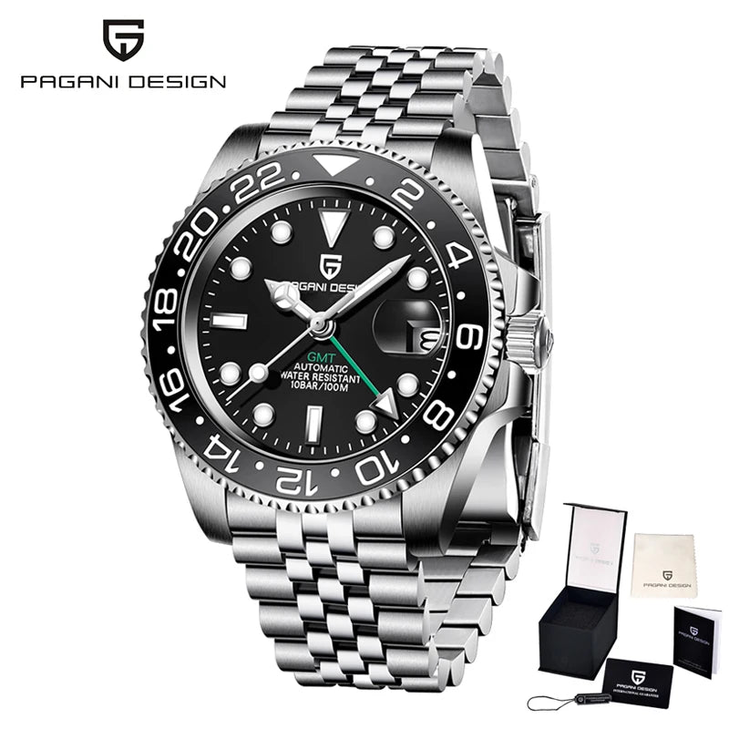 PAGANI DESIGN 40mm Reloj mecánico de lujo para hombre, reloj GMT de acero inoxidable, marca de alta gama, cristal de zafiro, relojes para hombre