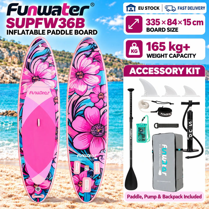 Funwater SUPFW36B Tabla Paddle Surf Hinchable Tabla SUP 335x84x15cm 165kg+ Rosa Flores Turquesa EVA Antideslizante Soporte Cámara Tres Quillas Lagos Costa Yoga Pesca Travesía Vacaciones Kit Accesorios
