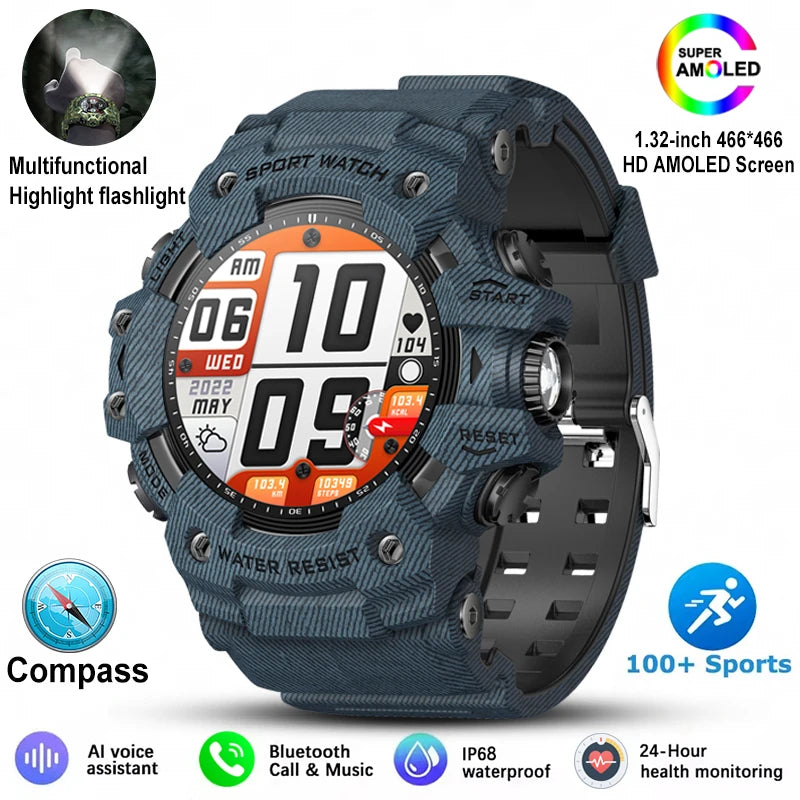 Reloj inteligente militar para hombre 2026, para exteriores, con más de 100 modos deportivos, brújula, frecuencia cardíaca, llamadas por Bluetooth, resistente al agua IP68 y diseño robusto