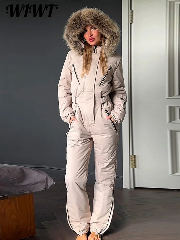 Traje de esquí con capucha y detalles de piel, cálido, para mujer, resistente al viento, con cuello alto, cremallera y cinturón, mono de snowboard, nueva colección 2026, ropa de esquí para mujer.