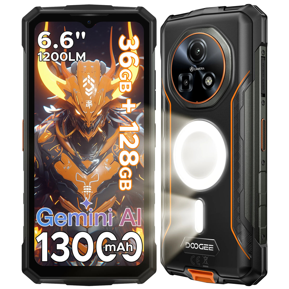 DOOGEE Fire 5 Ultra Teléfono resistente con luz de camping doble, 6.6", batería de 13000mAh, 36GB RAM (6+30) 128GB ROM, Google Pay, NFC, Helio G81, Smartphone