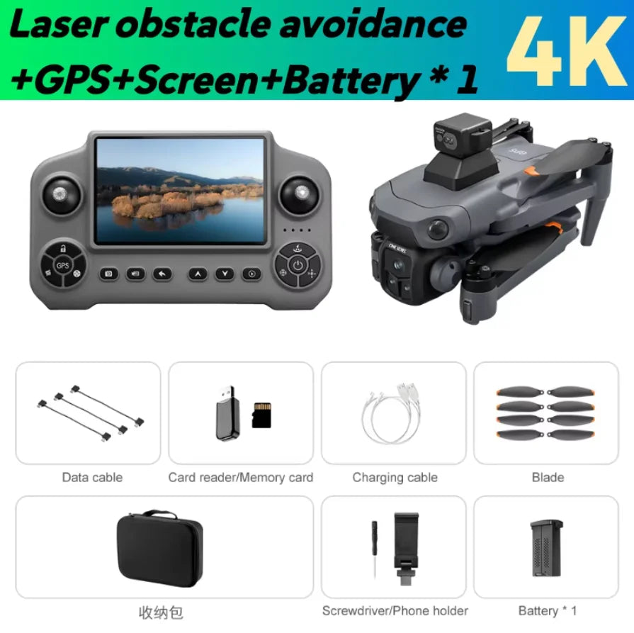Combo dron gris plegable y control remoto con pantalla, accesorios organizados en recuadros