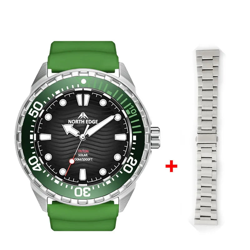 Reloj de buceo solar NORTH EDGE TRITON para hombre, reloj deportivo de buceo profesional de lujo con cuarzo, acero inoxidable 316L y sumergible a 300 m