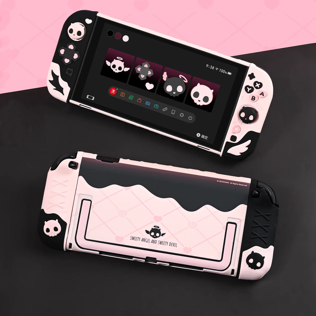 Sweety Angel Devil funda trasera dura Protector de carcasa para Nintendo Switch 2/NS Oled Thumb Stick Grip Cap botones cubierta completa de silicona