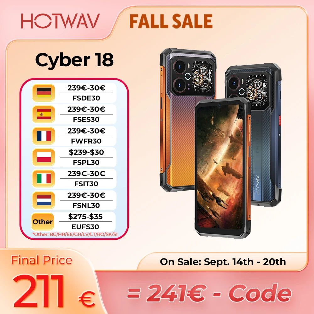 HOTWAV Cyber 18 Android 16 Octa-core Rugged Smartphone 6.75'' 120Hz Display 8GB RAM 256GB ROM 64MP Rear + 16MP Front + 20MP Night Vision Mobile Phone 6200mAh 20W Fast Charging RGB Dynamic Light 1080P Cellphone With Second Tou
