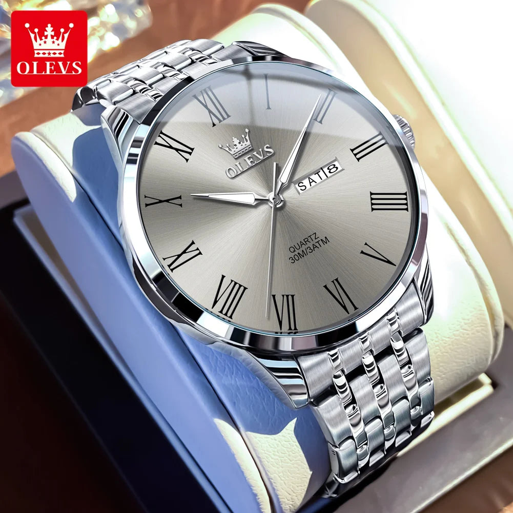 Reloj de cuarzo para hombre marca OLEVS, original y sencillo, resistente al agua, de acero inoxidable, con fecha, manecillas luminosas y números romanos.