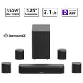 Barra de sonido negra 7.1 con subwoofer de 5.25" y cuatro satélites, app