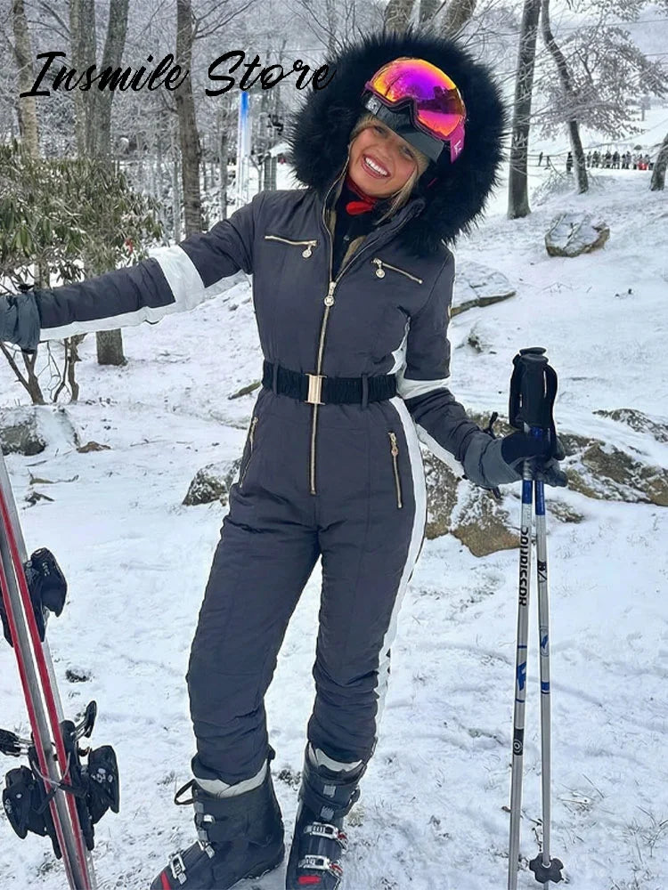 Mono de Esquí con Capucha de Piel para Mujer, con Cinturón en Contraste, Impermeable, con Cremallera, Ropa de Esquí, Traje de Nieve, Deportes de Invierno, Cálido, Nuevo Modelo 2026