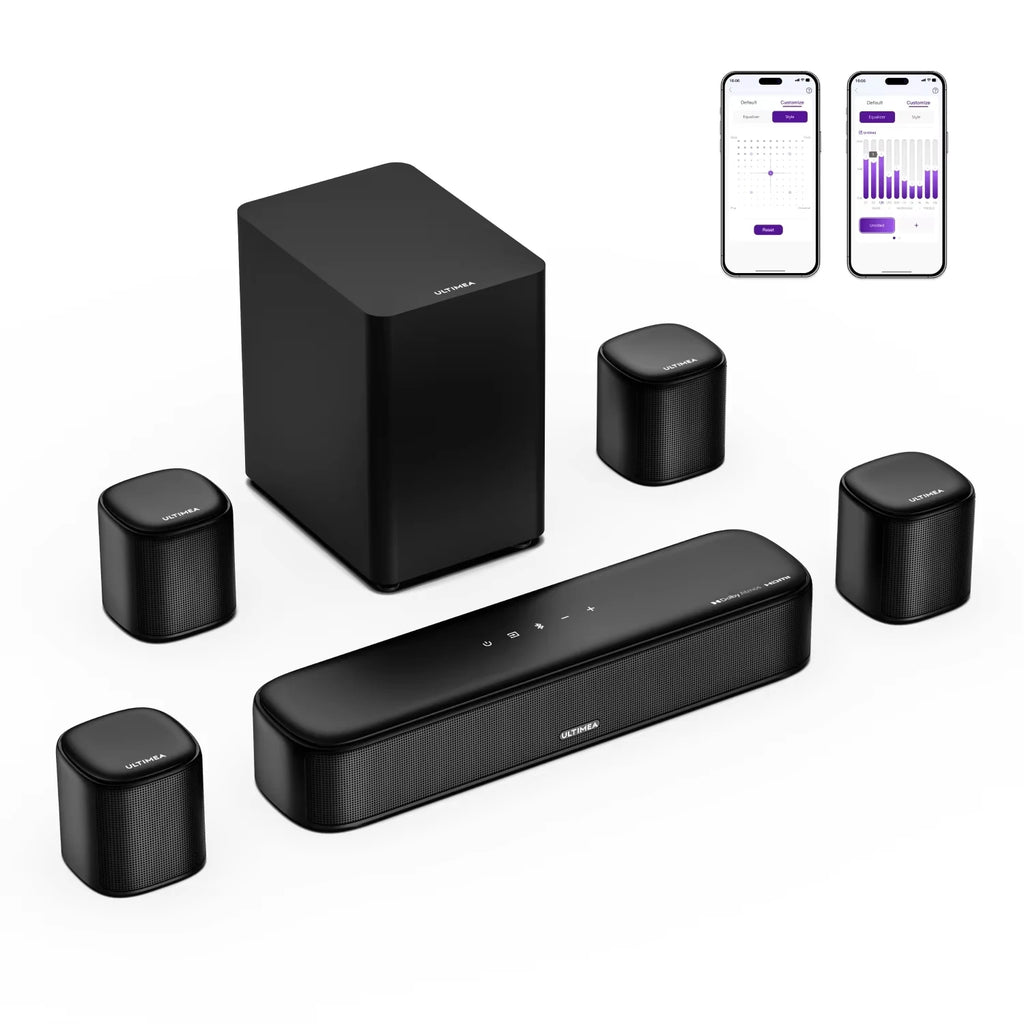 Conjunto de barra de sonido negra y cuatro altavoces cilíndricos Aura A60