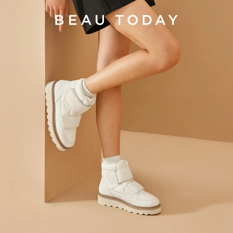 BEAUTODAY botines de mujer de tela con punta redonda plataforma de Color sólido gancho y bucle antideslizante botas de nieve de invierno hechas a mano 08064