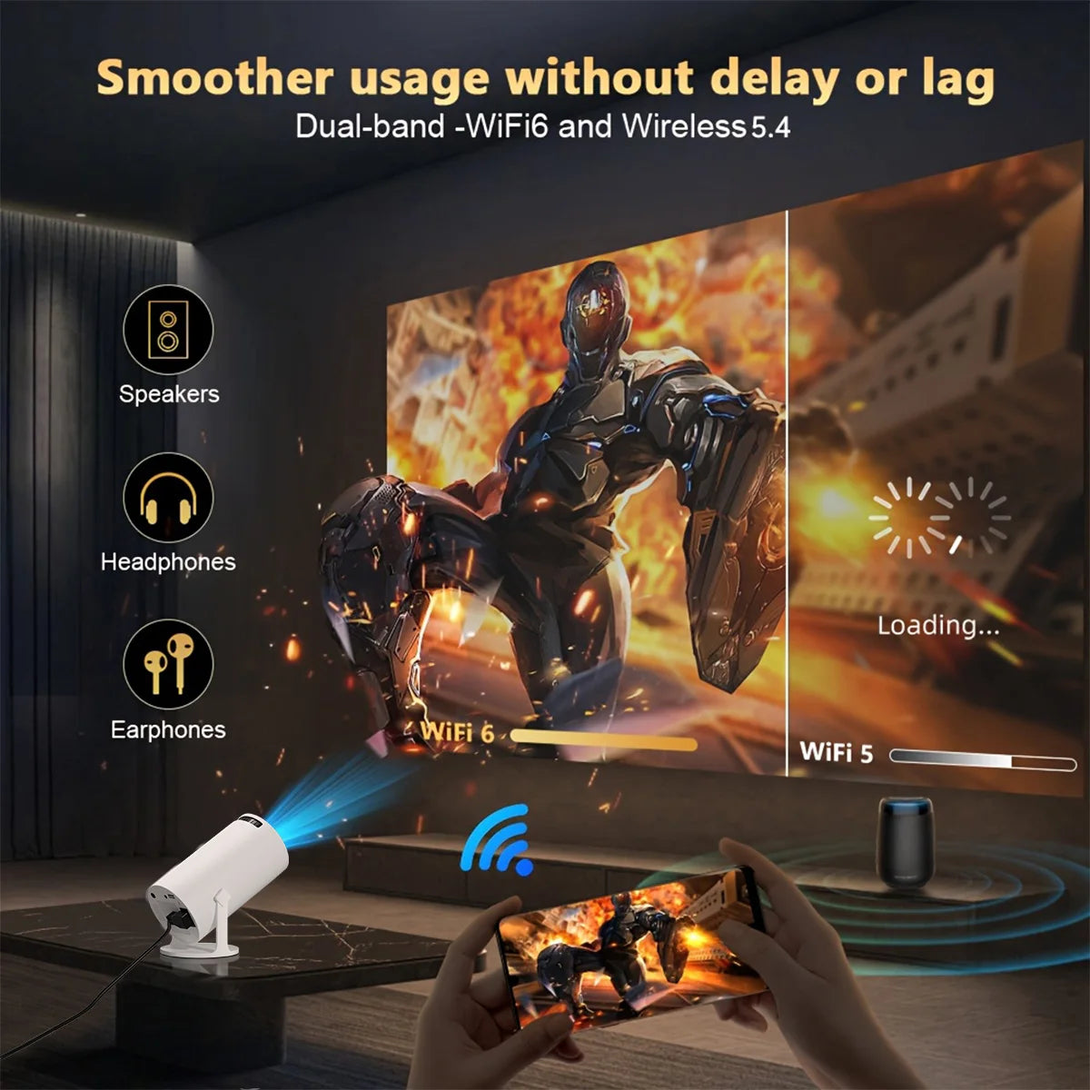 Mini proyector portátil con resolución nativa de 720p, compatible con 4K y 1080p, proyección Full HD en pantalla grande, conexión WiFi, ideal para el cine en casa, proyector inteligente con sistema Android.
