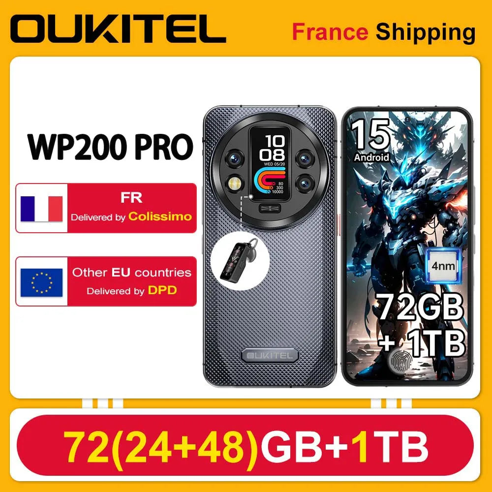 OUKITEL WP200 Pro 5G 72(24+48)GB+1TB Teléfono móvil resistente Android 15 6,7'' 120Hz 108MP+32MP 8800mAh 45W Dual SIM/IA/NFC