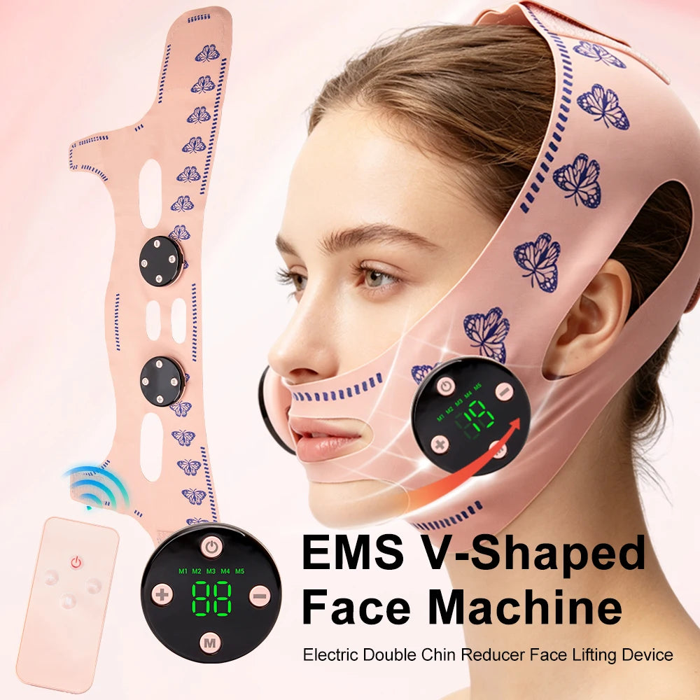 Máquina EMS para Adelgazar el Rostro en Forma de V, Reductor de Papada, Masajeador Facial Eléctrico con 5 Modos y 19 Niveles de Intensidad