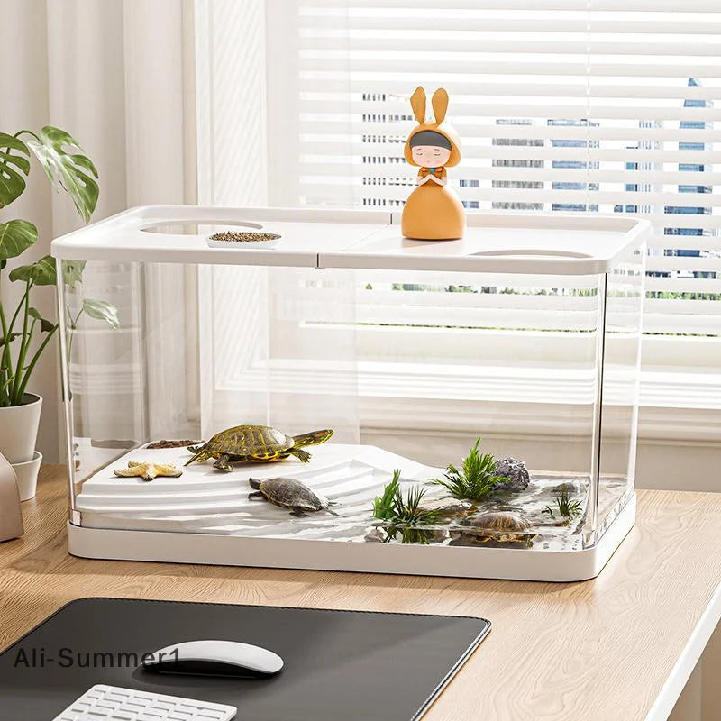 【E】Mini pecera de PET transparente, acuario hidropónico resistente a caídas con tapa, tanque ecológico de escritorio para el hogar, acuario fácil de mantener para tortugas