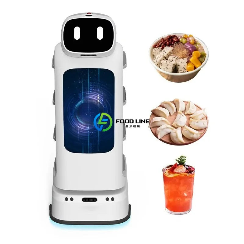 Robot camarero repartidor blanco con pantalla y estantes interiores, vista frontal