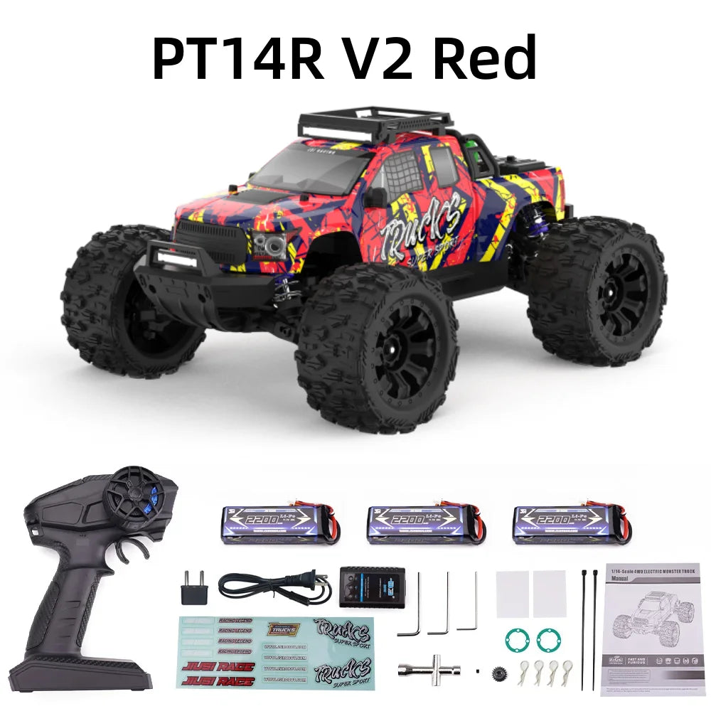 Camioneta RC 1:14 roja con gráficos; incluye control remoto y baterías