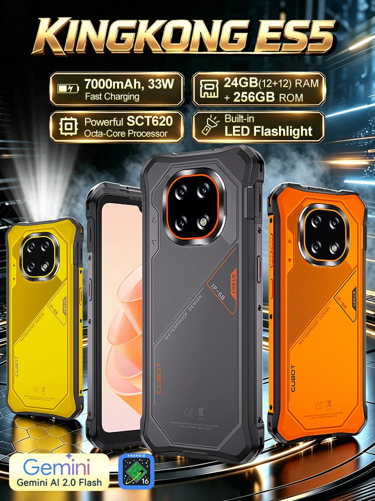 [Envío desde Polonia] Cubot KingKong ES 5 Smartphone resistente Android 16 hasta 24GB RAM (12+12GB) 256GB ROM Pantalla de 6.88 pulgadas 120Hz Batería 7000mAh NFC Reconocimiento facial Reconocimiento de huella dactilar IP69K 64MP+16MP SCT620